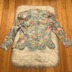 Vintage Grannycore Jacquard Floral Crochet Pearl Button Mint Jacket Blazer 10